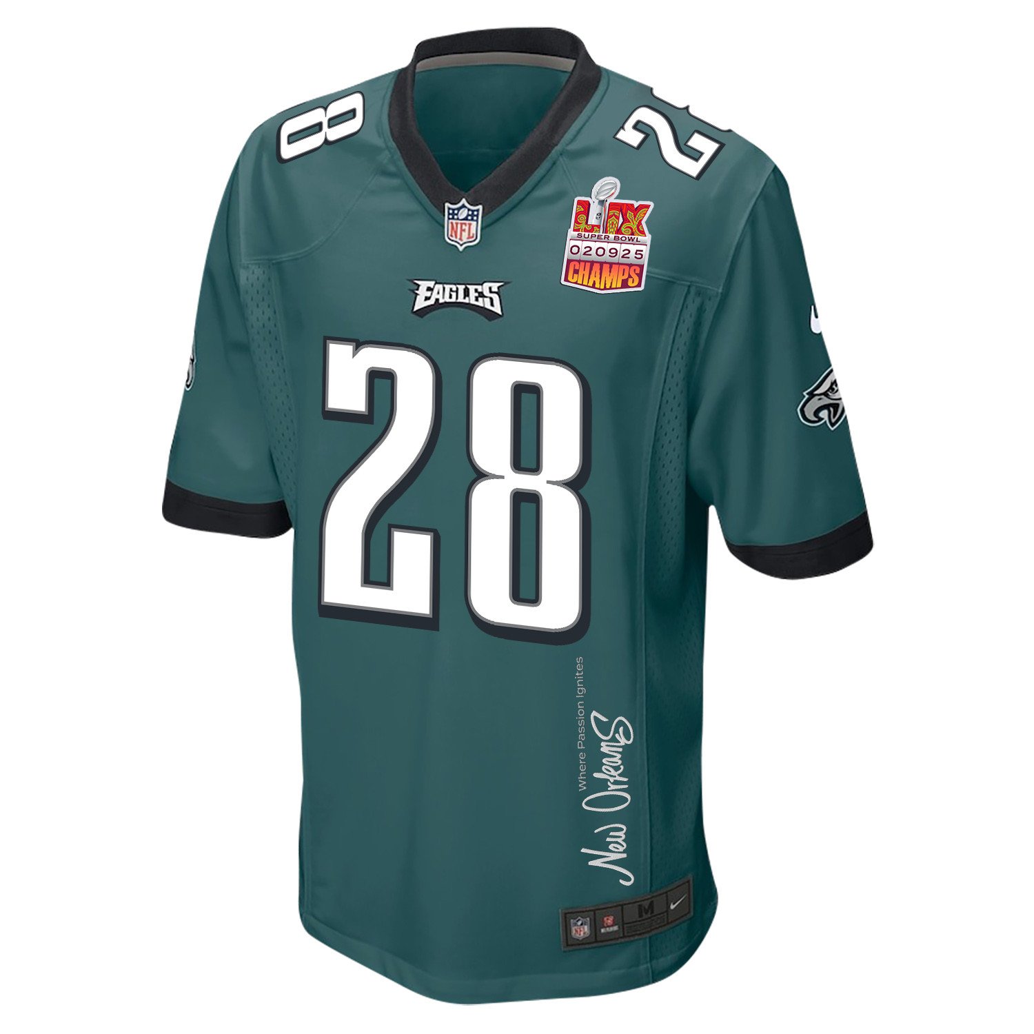 Will Shipley 28 Philadelphia Eagles Super Bowl LIX Champions Patch New Orleans Where Passion Ignites' EMBROIDERED Game Midnight Green NFL Jersey Men's