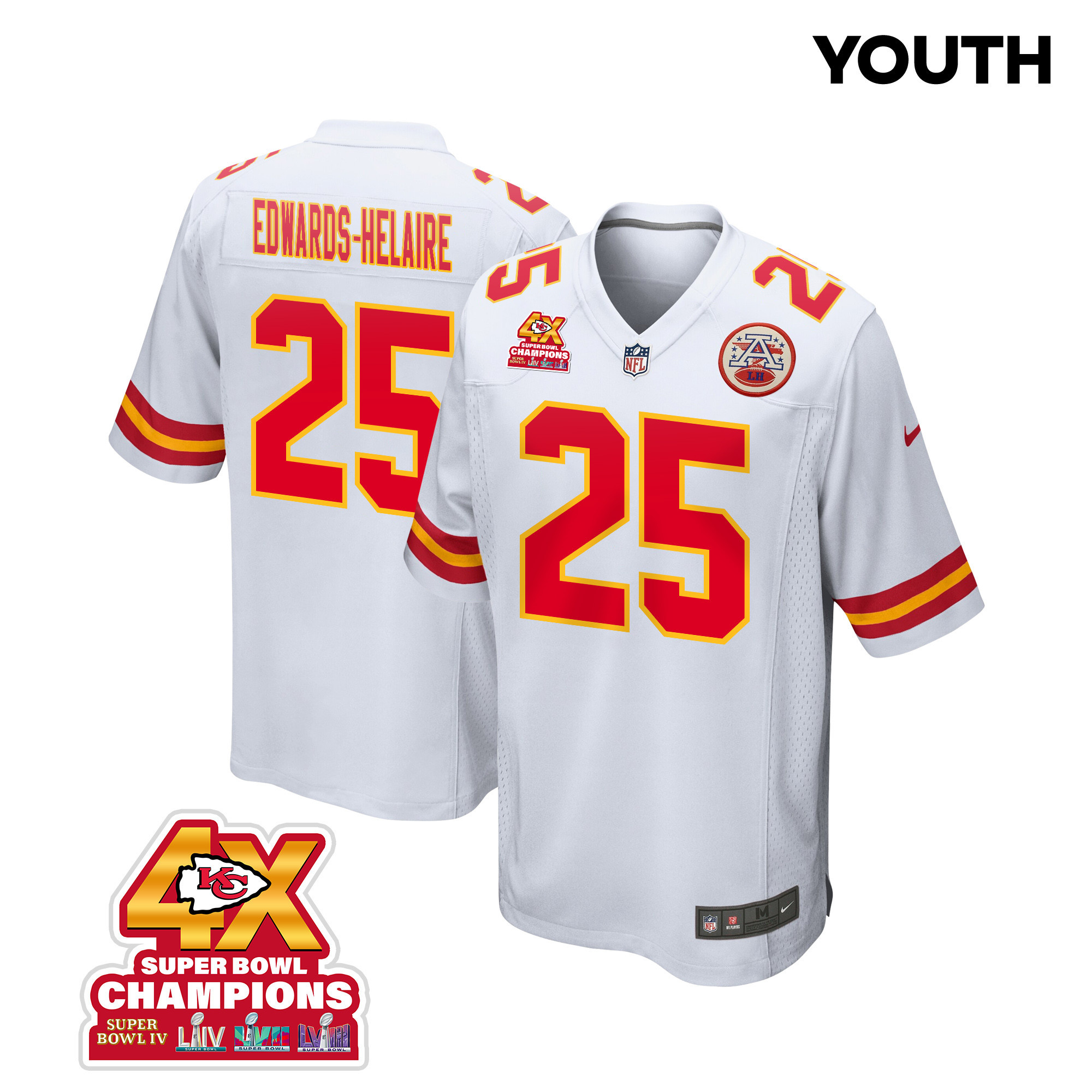 Clyde Edwards-Helaire 25 Kansas City Chiefs Super Bowl LVIII Champions 4X Game White NFL Jersey Youth