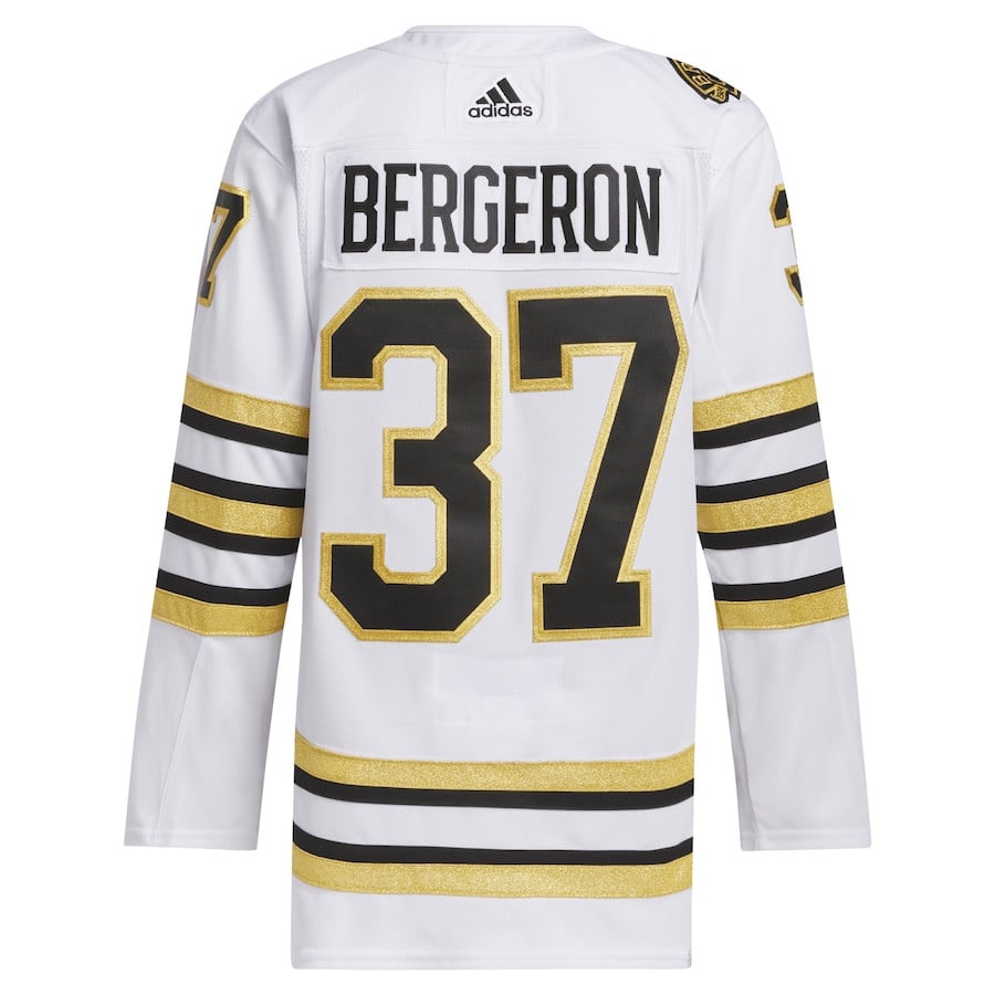 Patrice Bergeron 37 Boston Bruins 100th Anniversary Primegreen Away White NHL Jersey Men's
