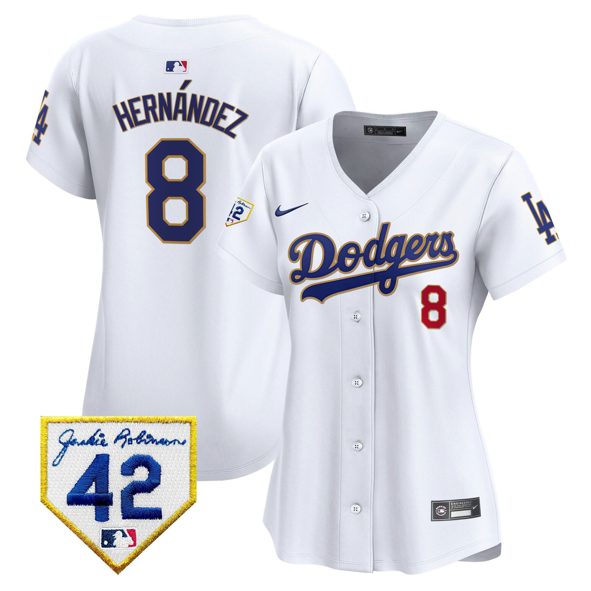 Kike Hernandez 8 Los Angeles Dodgers 2024 Jackie Robinson Patch White MLB Jersey Women's