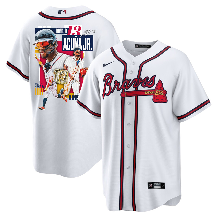 Ronald Acu?a Jr. 13 Atlanta Braves Signed MVP 2023 Home Player White Red MLB Jersey Men's