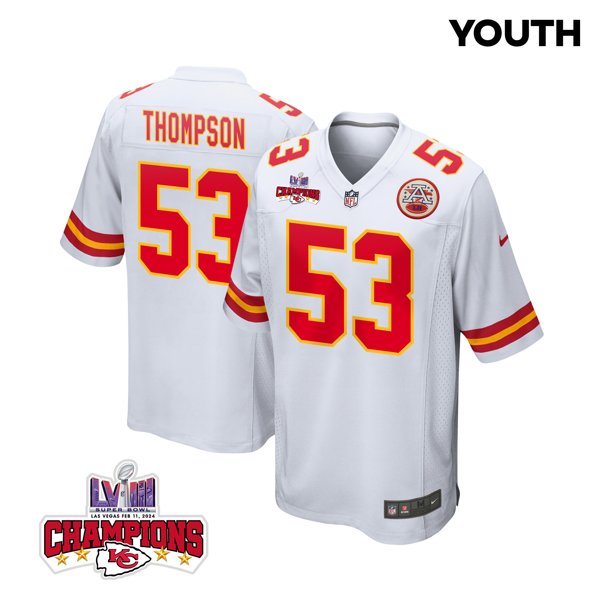 BJ Thompson 53 Kansas City Chiefs Super Bowl LVIII Champions 4 Stars Patch Game White NFL Jersey Youth