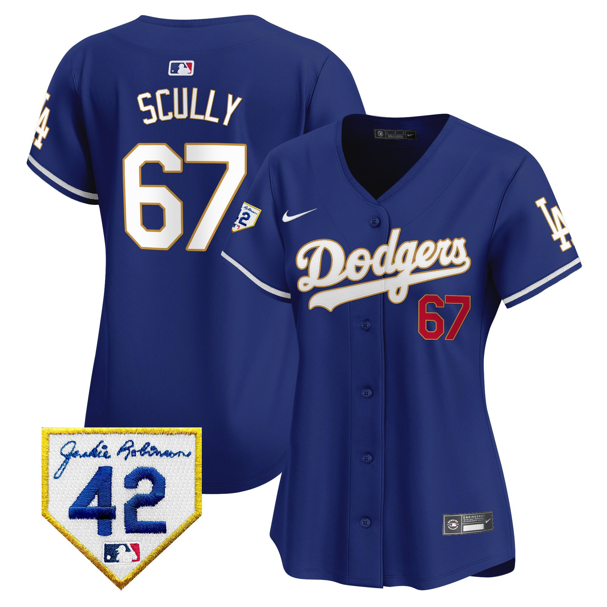 Vin Scully 67 Los Angeles Dodgers 2024 Jackie Robinson Patch Royal MLB Jersey Women's