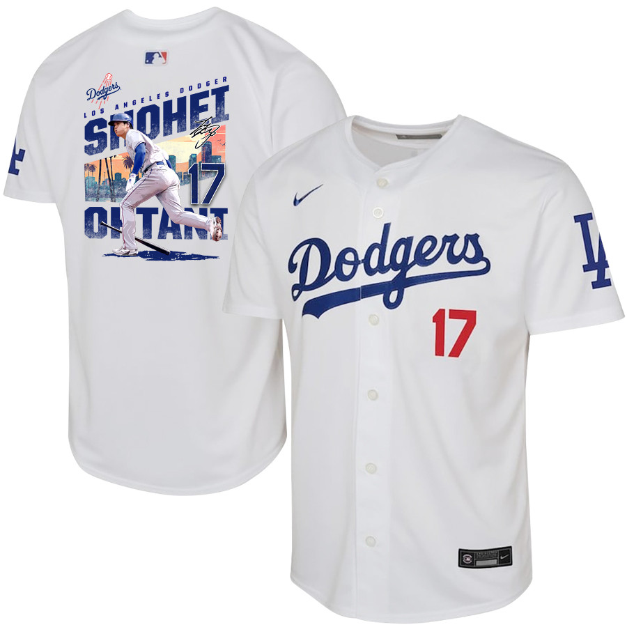 Shohei Ohtani 17 Los Angeles Dodgers Signed Homerun 2023 Home White MLB Jersey Youth