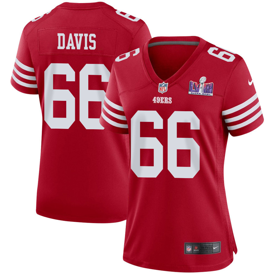 Jesse Davis 66 San Francisco 49ers Super Bowl LVIII Patch Game Scarlet NFL Jersey Women's