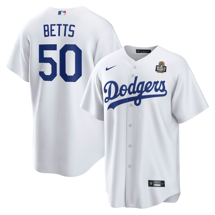 Mookie Betts 50 Los Angeles Dodgers 2024 World Series Home Player White MLB Jersey Men's