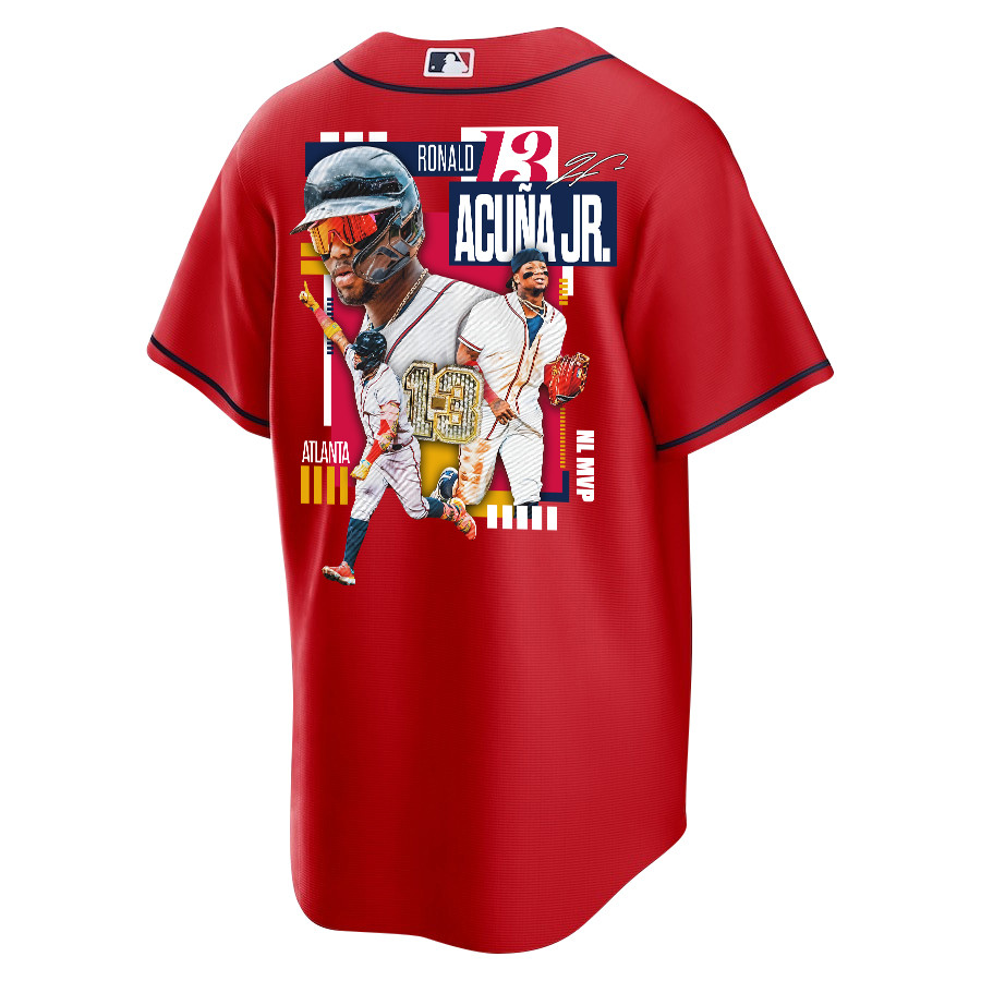 Ronald Acu?a Jr. 13 Atlanta Braves Signed MVP 2023 Alternate Player Red MLB Jersey Men's