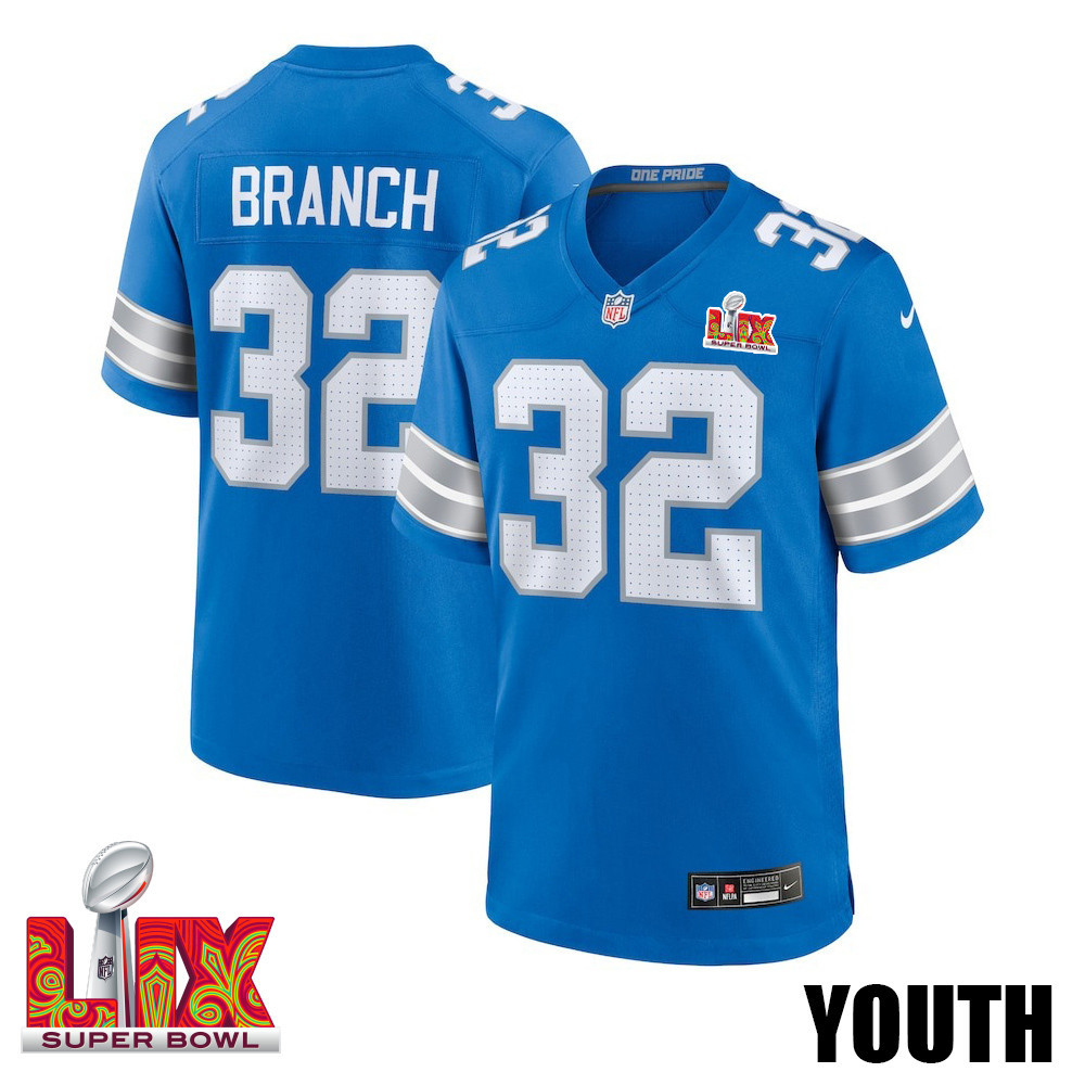 Brian Branch #32 Detroit Lions Super Bowl LIX Blue NFL Jersey Youth