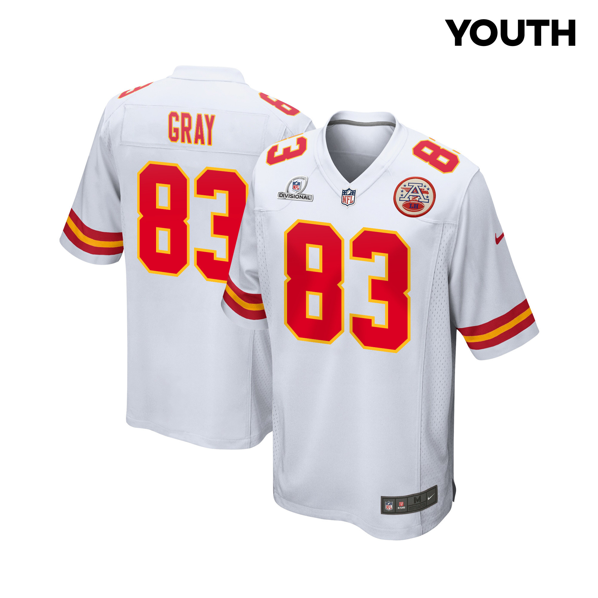 Noah Gray 83 Kansas City Chiefs Super Bowl LVIII Patch Game White NFL Jersey Youth