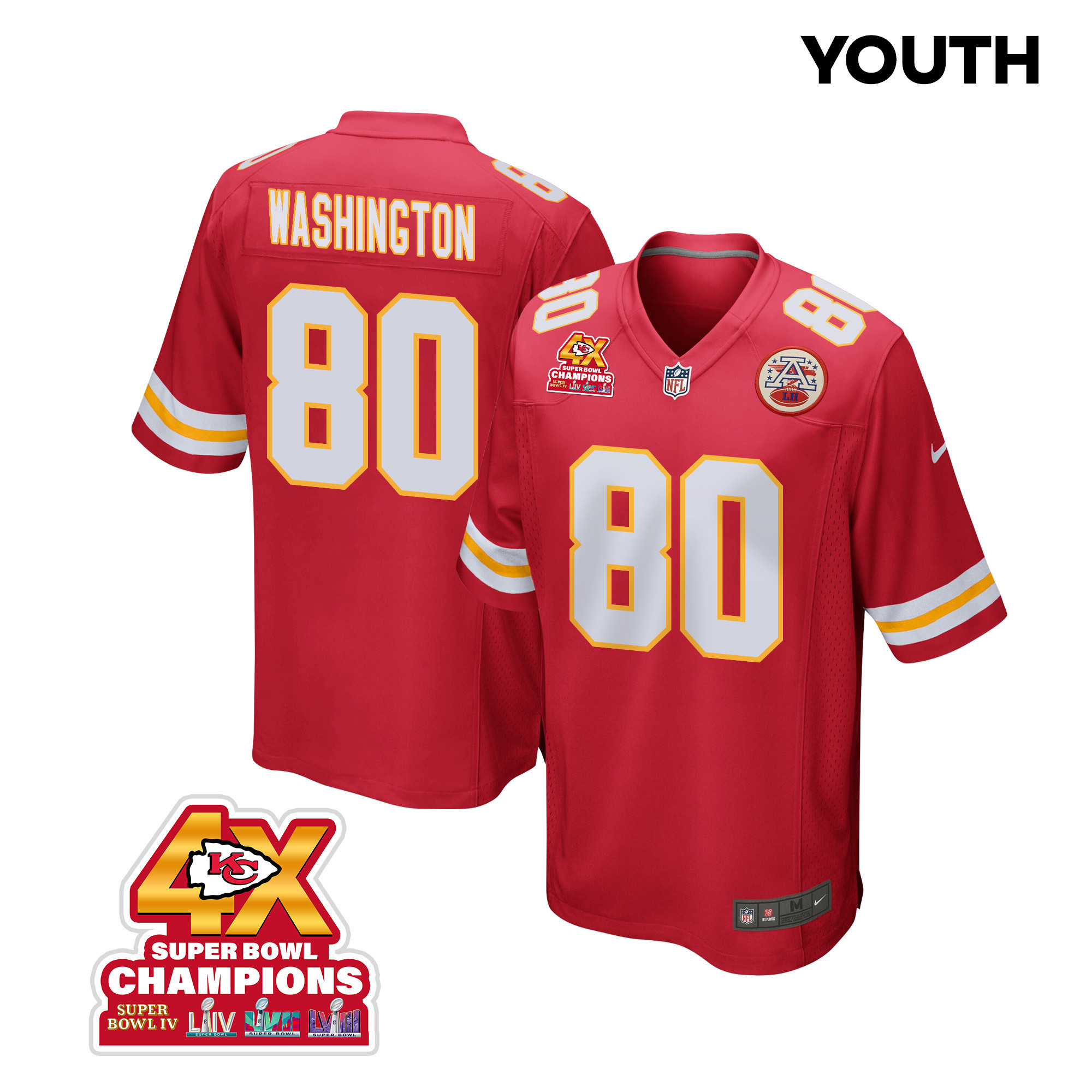 Montrell Washington 80 Kansas City Chiefs Super Bowl LVIII Champions 4X Game Red NFL Jersey Youth