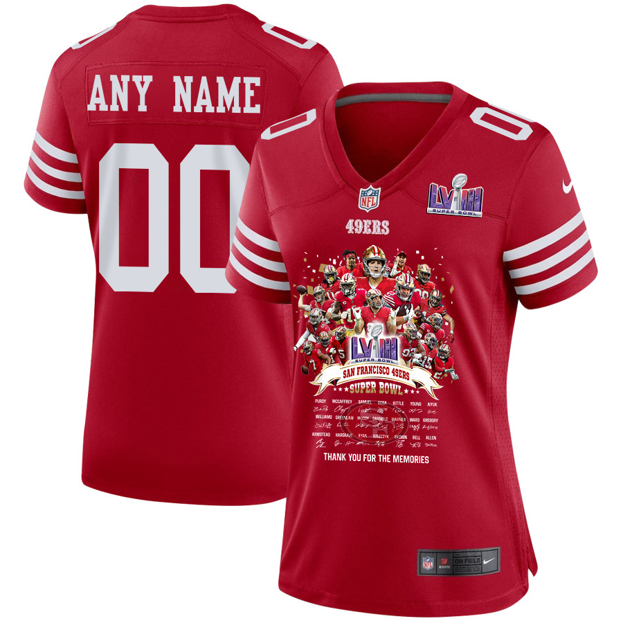 San Francisco 49ers Super Bowl LVIII Thanks For Memories Game Custom Scarlet NFL Jersey Women's