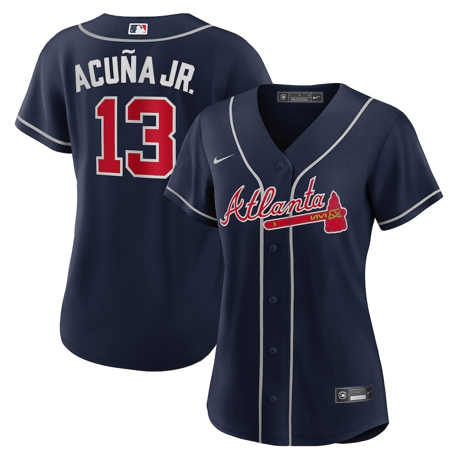 Ronald Acuna Jr. 13 Atlanta Braves Alternate Player Navy MLB Jersey Women's