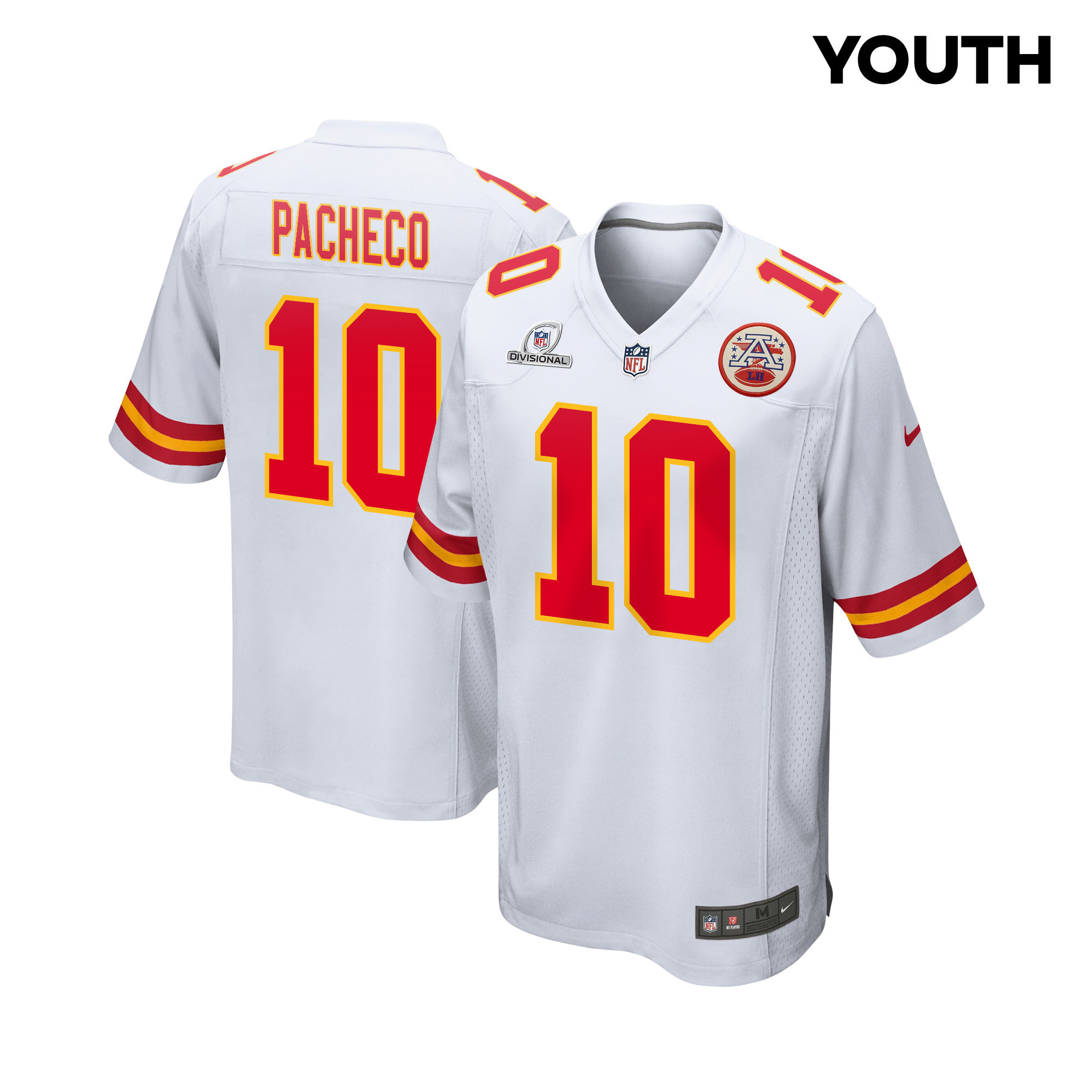 Isiah Pacheco 10 Kansas City Chiefs Super Bowl LVIII Patch Game White NFL Jersey Youth