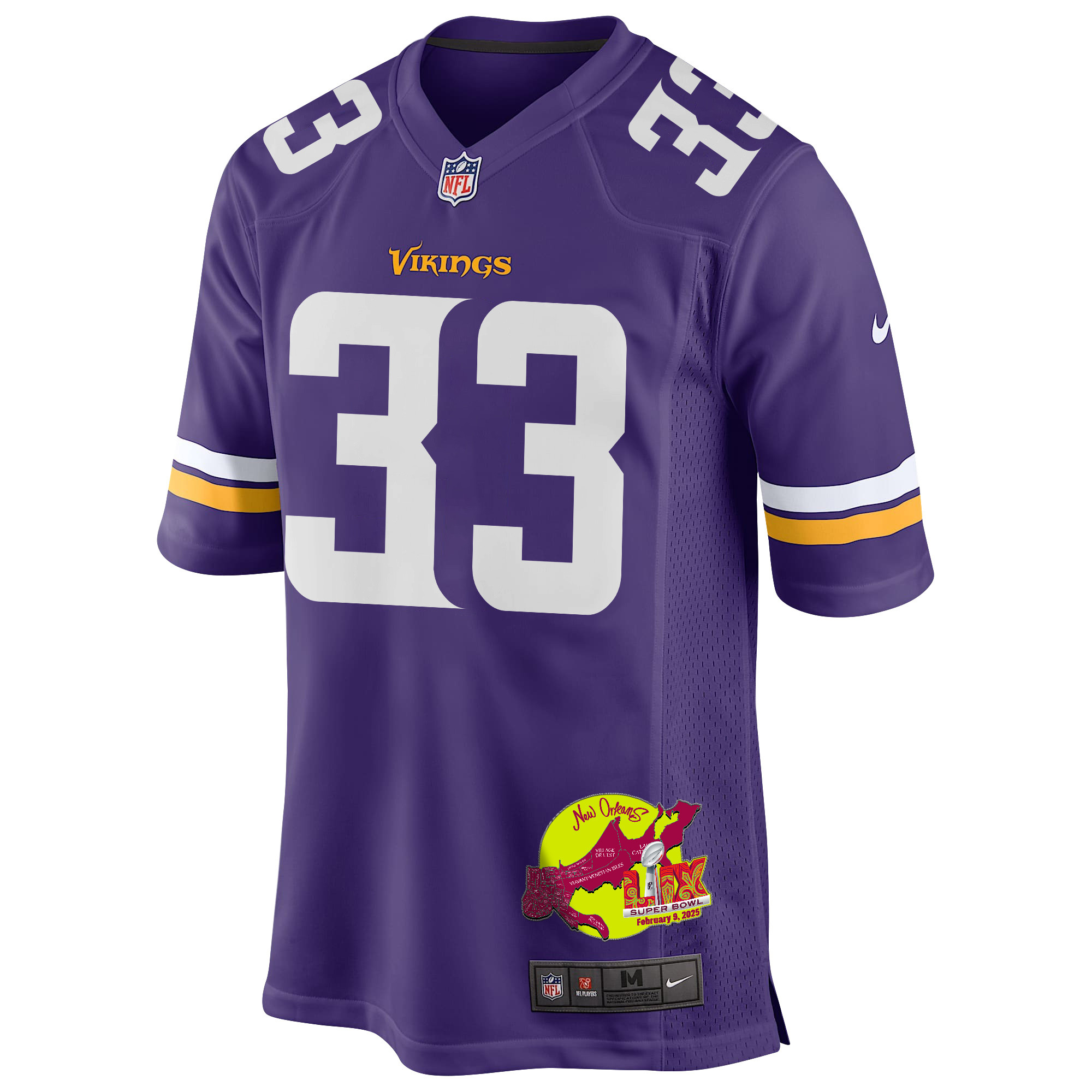 Aaron Jones Sr. 33 Minnesota Vikings Super Bowl LIX New Orleans Patch Game Purple NFL Jersey Men's