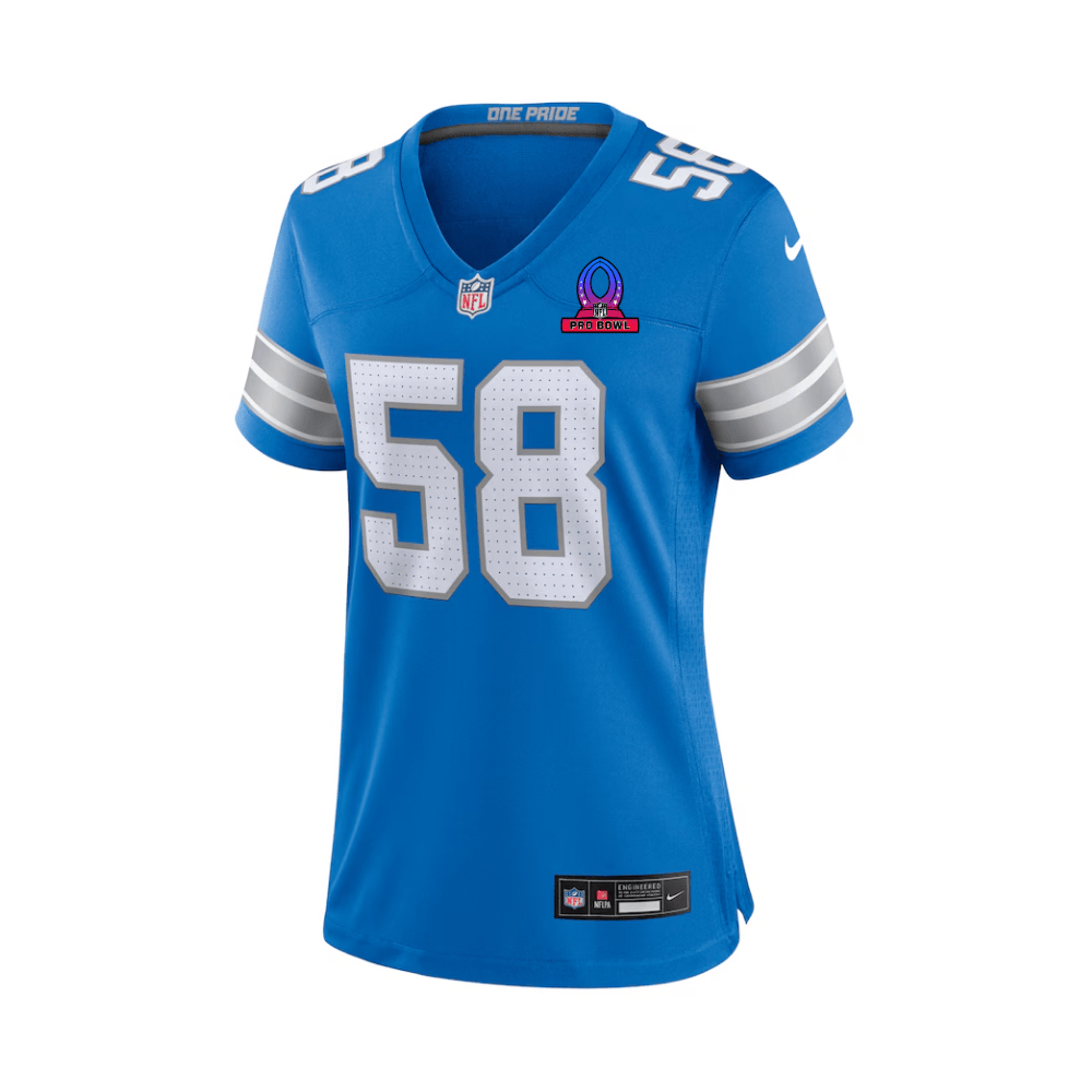Penei Sewell 58 Detroit Lions 2025 Pro Bowl Patch Game Blue NFL Jersey Women's