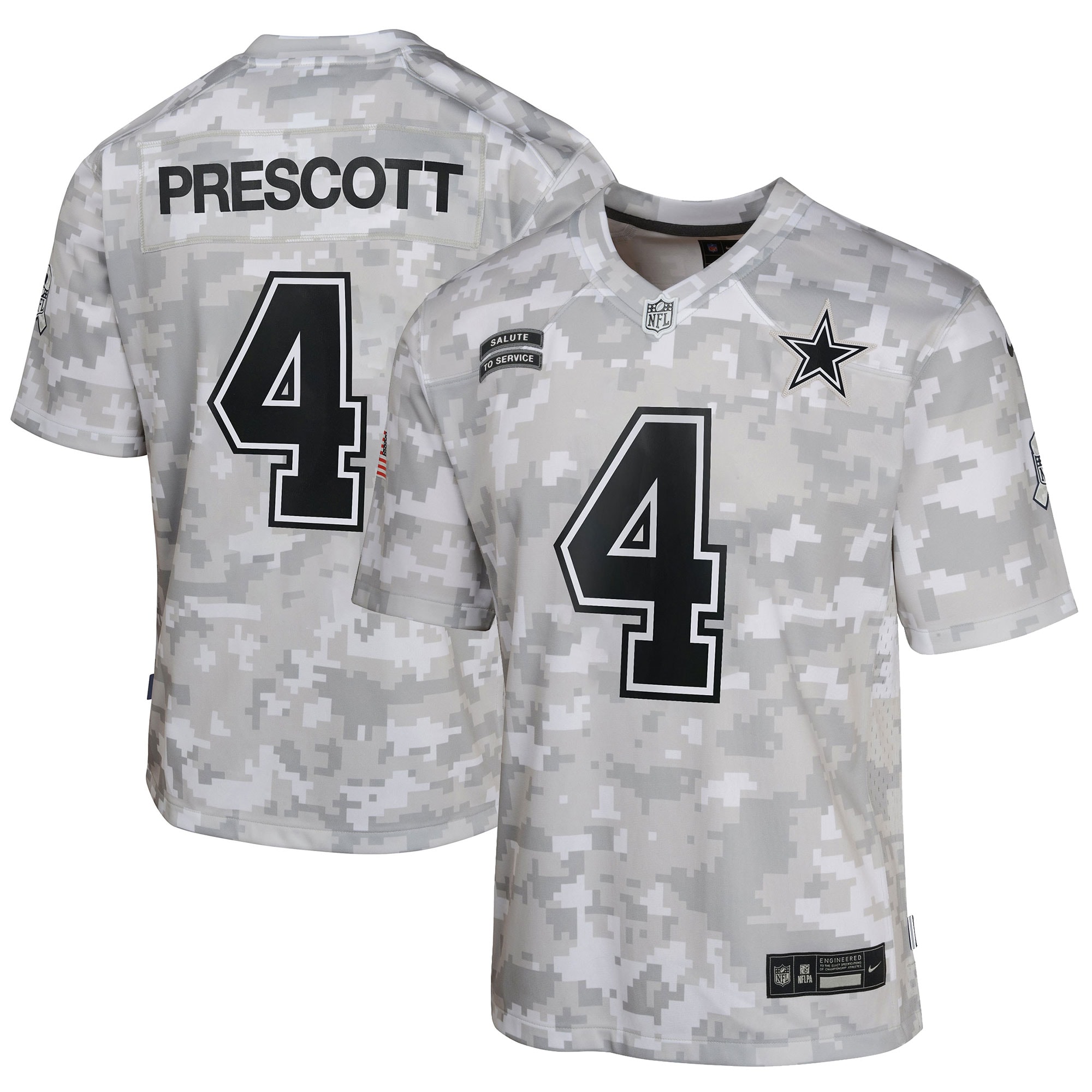 Dallas Cowboys Dak Prescott Arctic Camo 2024 Salute to Service Game NFL Jersey Youth
