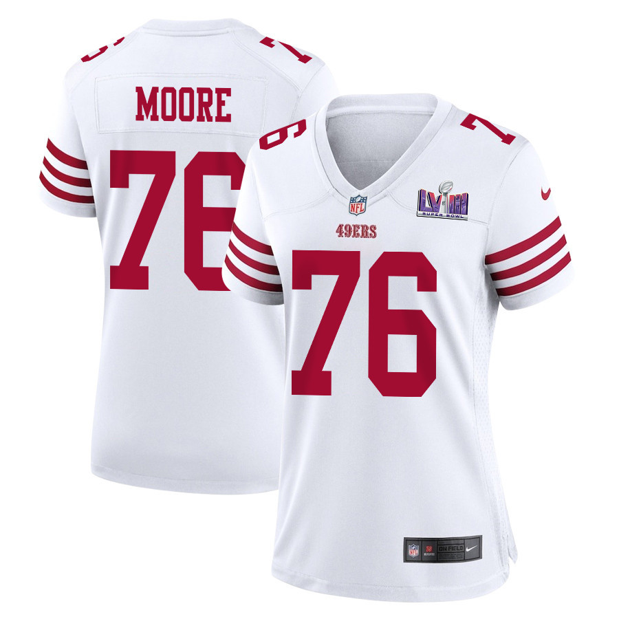 Jaylon Moore 76 San Francisco 49ers Super Bowl LVIII Patch Game White NFL Jersey Women's