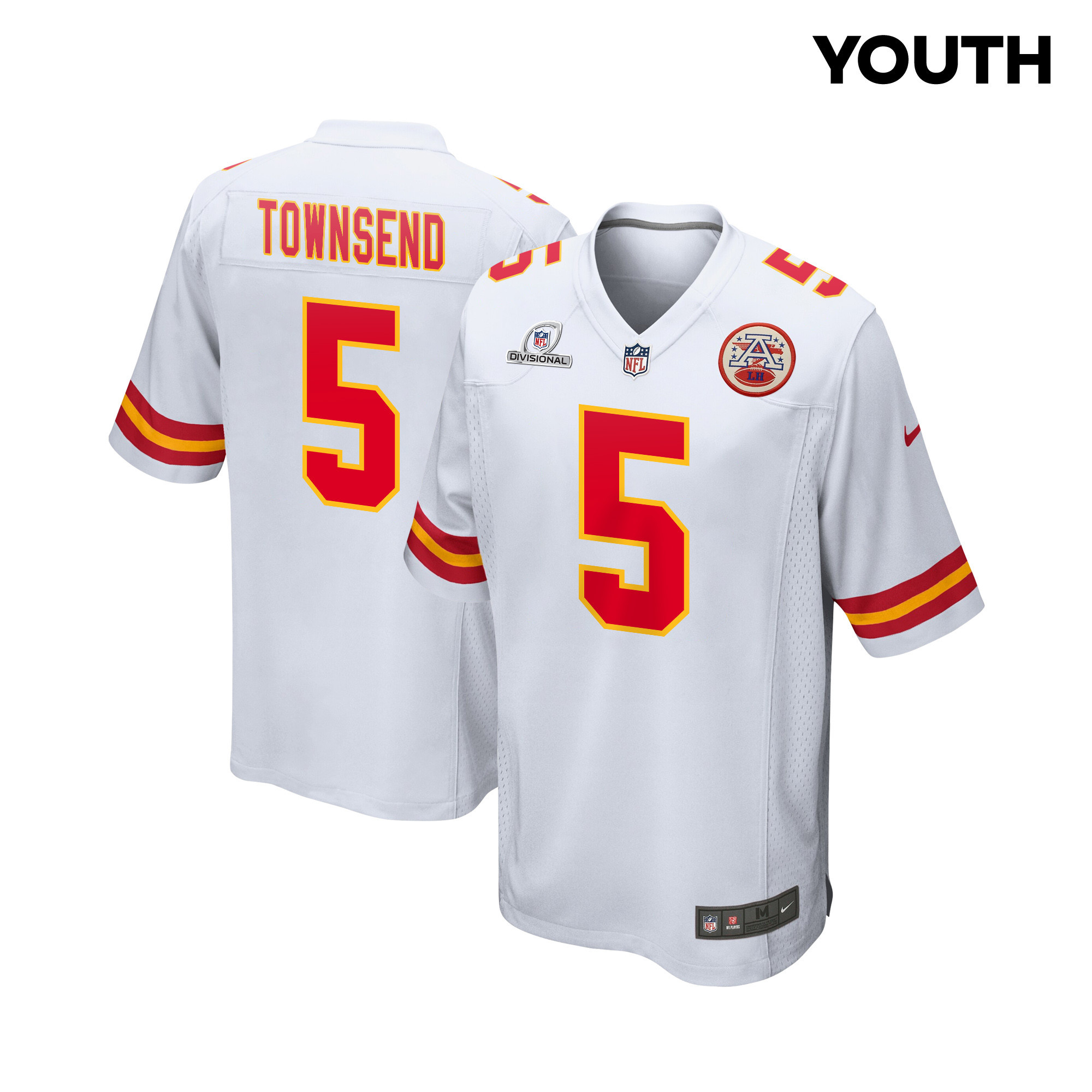 Tommy Townsend 5 Kansas City Chiefs Super Bowl LVIII Patch Game White NFL Jersey Youth