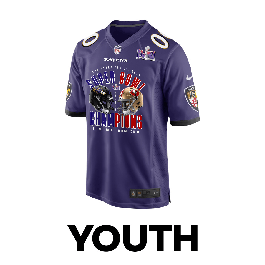 Baltimore Ravens vs. San Francisco 49ers Super Bowl LVIII Matchup Game Custom Purple NFL Jersey Youth