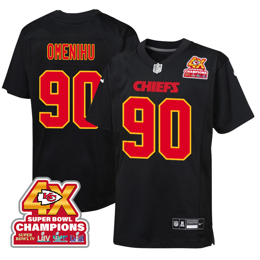 Charles Omenihu 90 Kansas City Chiefs Super Bowl LVIII Champions 4X Fashion Game Carbon Black NFL Jersey Youth