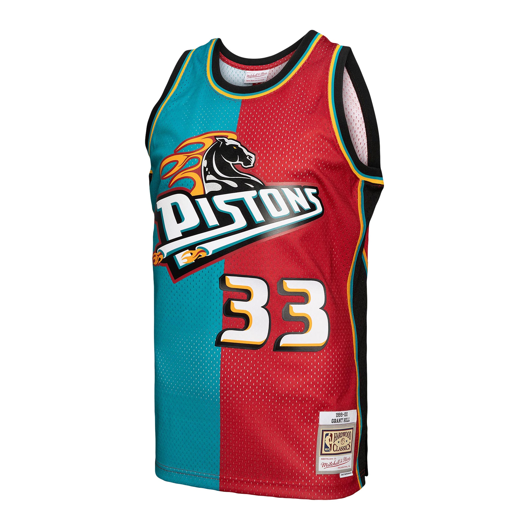 Mitchell Ness Grant Hill Teal/Red Detroit Pistons Hardwood Classics 1999/00 Split Swingman NBA Jersey Men's
