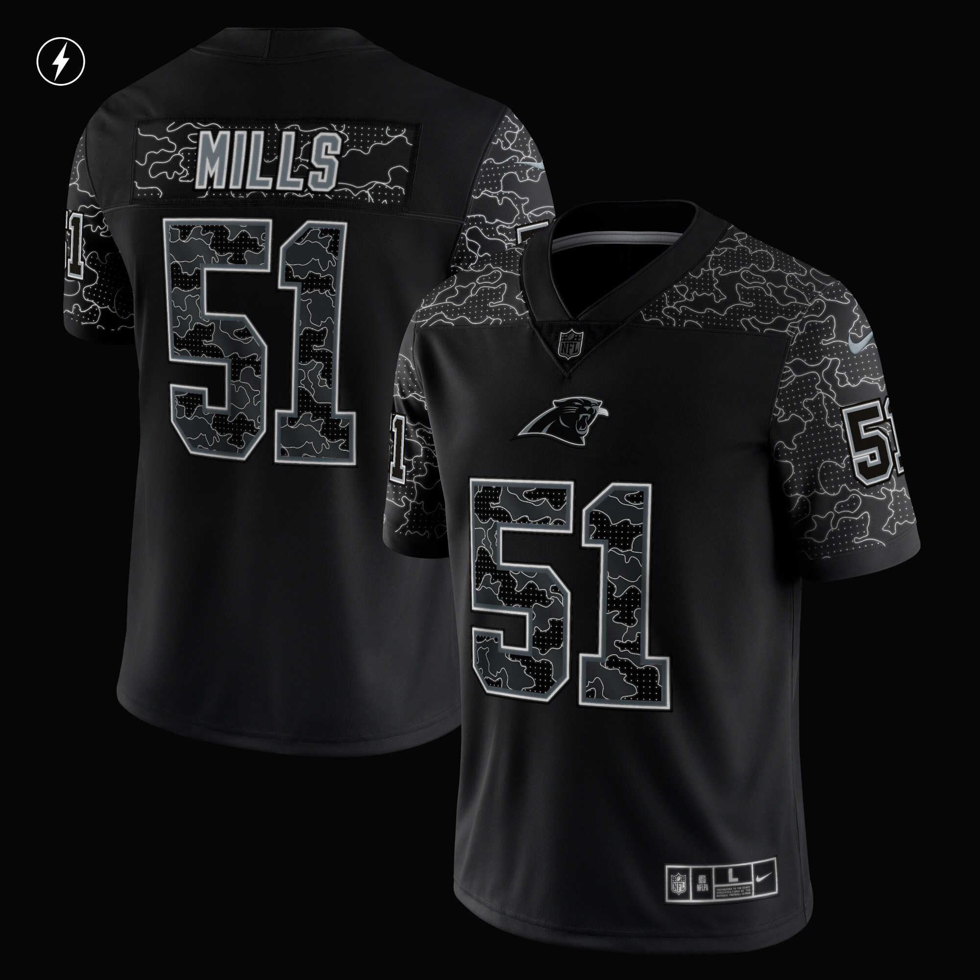 Carolina Panthers Sam Mills Black Retired Player RFLCTV Limited NFL Jersey Men's