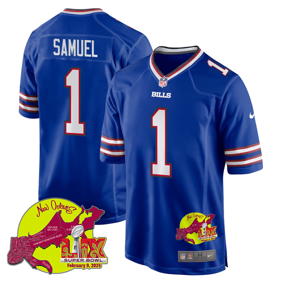 Curtis Samuel 1 Buffalo Bills Super Bowl LIX New Orleans Patch Game Royal NFL Jersey Men's