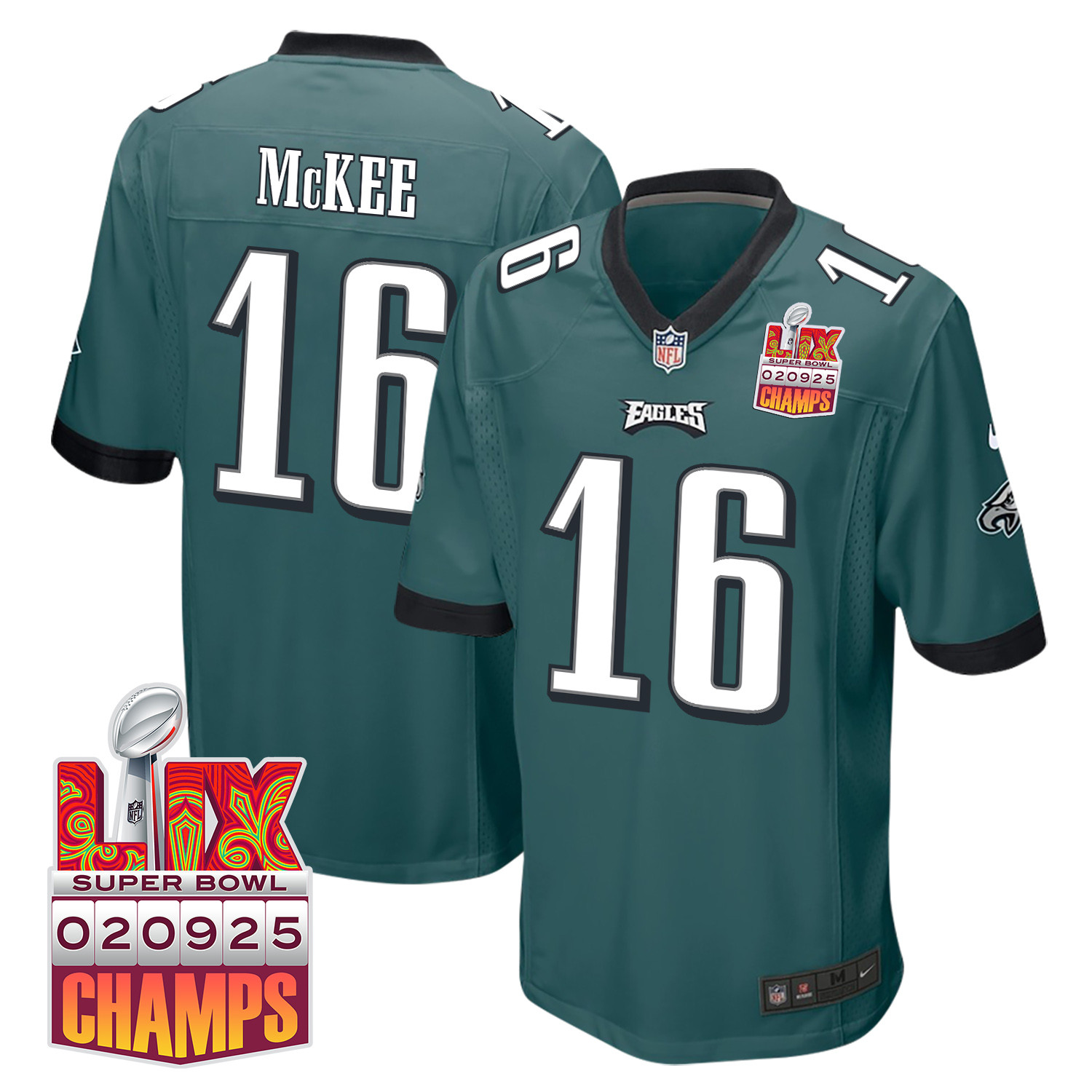 Tanner McKee 16 Philadelphia Eagles Super Bowl LIX Champions Patch Game Midnight Green NFL Jersey Men's