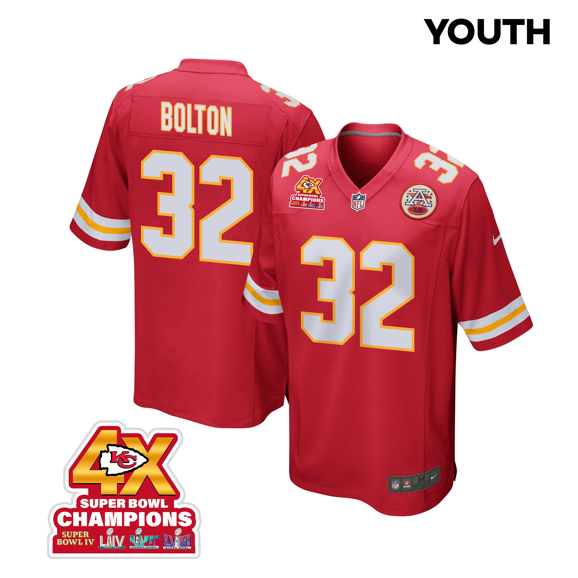 Nick Bolton 32 Kansas City Chiefs Super Bowl LVIII Champions 4X Game Red NFL Jersey Youth