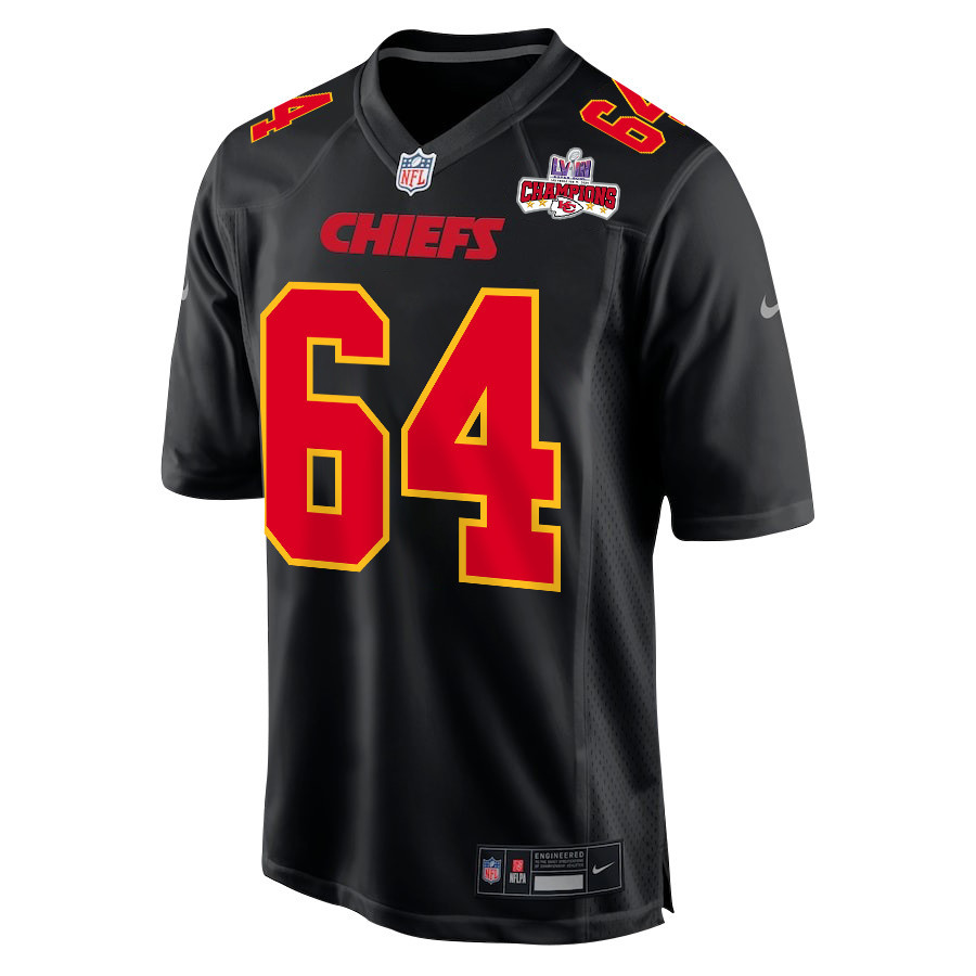 Wanya Morris 64 Kansas City Chiefs Super Bowl LVIII Champions 4 Stars Patch Fashion Game Carbon Black NFL Jersey Men's