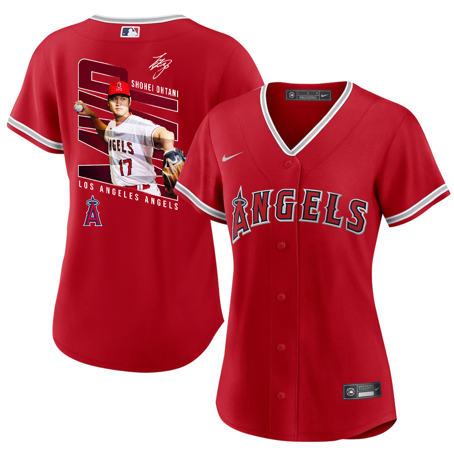 Shohei Ohtani 17 Los Angeles Angels Signed Logo 2023 Alternate Player Red MLB Jersey Women's