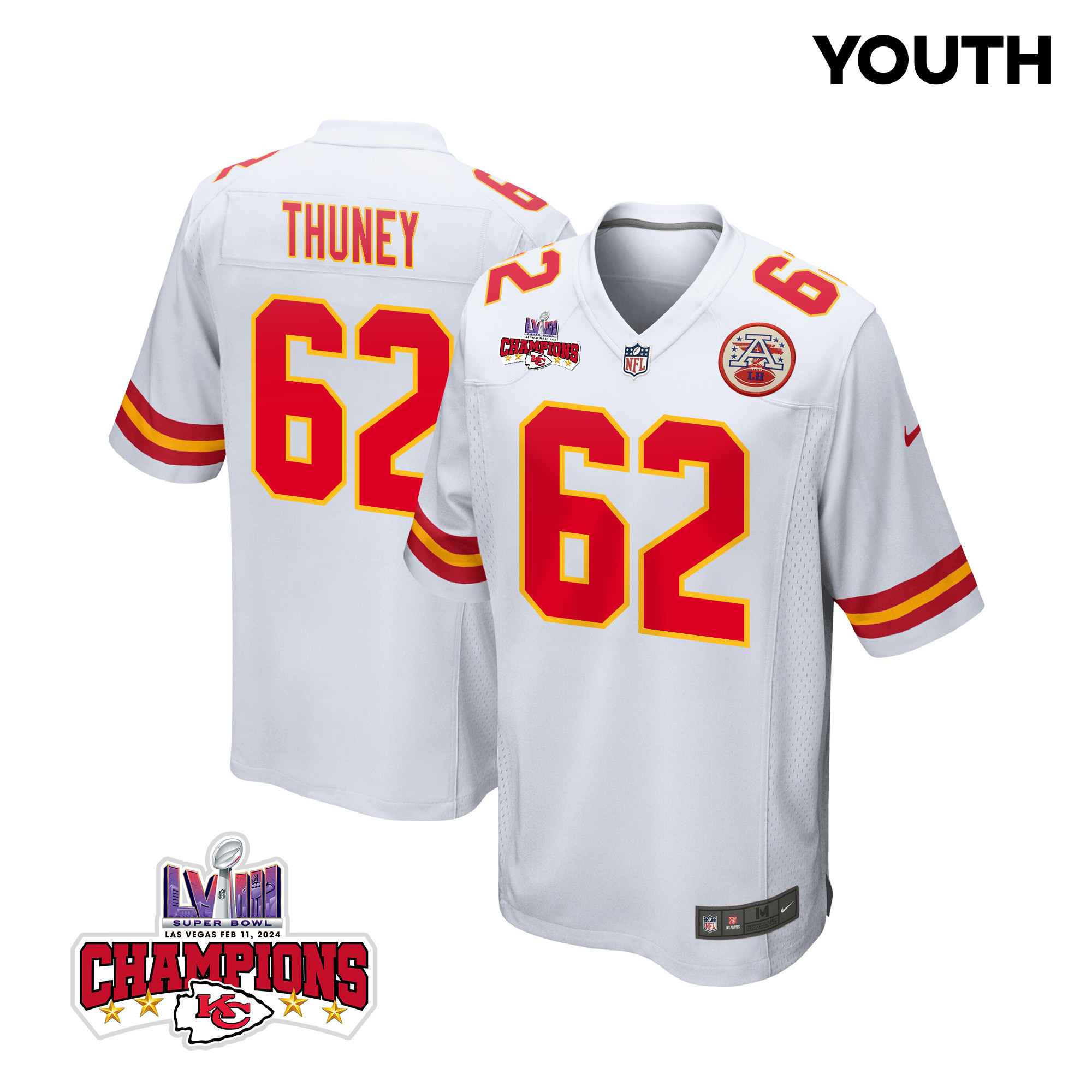 Joe Thuney 62 Kansas City Chiefs Super Bowl LVIII Champions 4 Stars Patch Game White NFL Jersey Youth