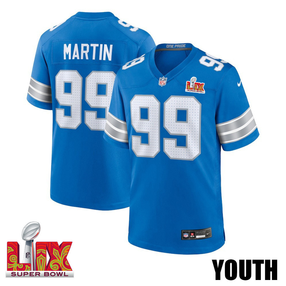 Brodric Martin #99 Detroit Lions Super Bowl LIX Blue NFL Jersey Youth