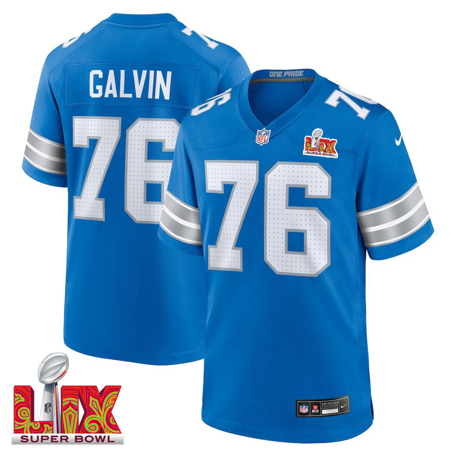 Connor Galvin #76 Detroit Lions Super Bowl LIX Blue NFL Jersey Youth
