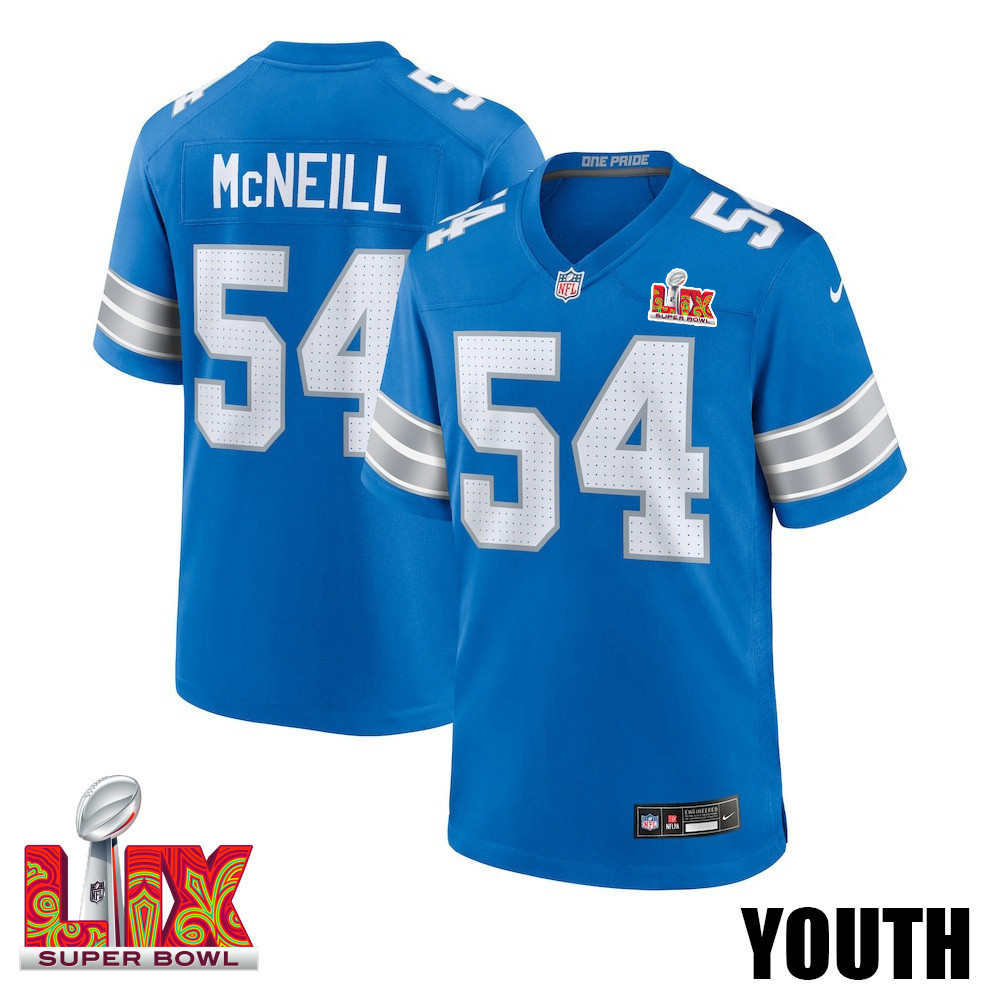 Alim McNeill #54 Detroit Lions Super Bowl LIX Blue NFL Jersey Youth