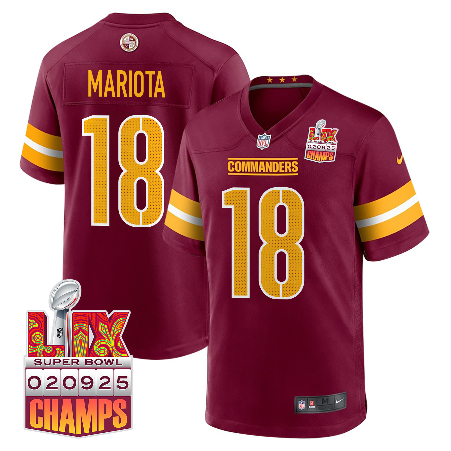 Marcus Mariota 18 Washington Commanders Super Bowl LIX Champions Patch Game Burgundy NFL Jersey Men's