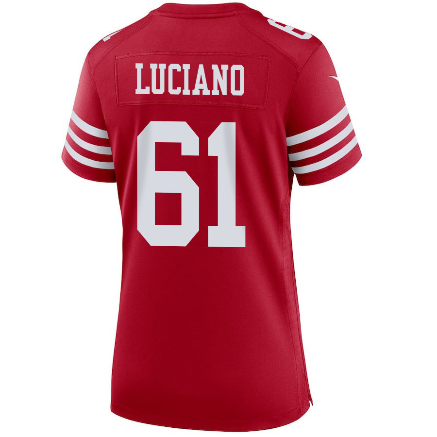 Corey Luciano 61 San Francisco 49ers Super Bowl LVIII Patch Game Scarlet NFL Jersey Women's
