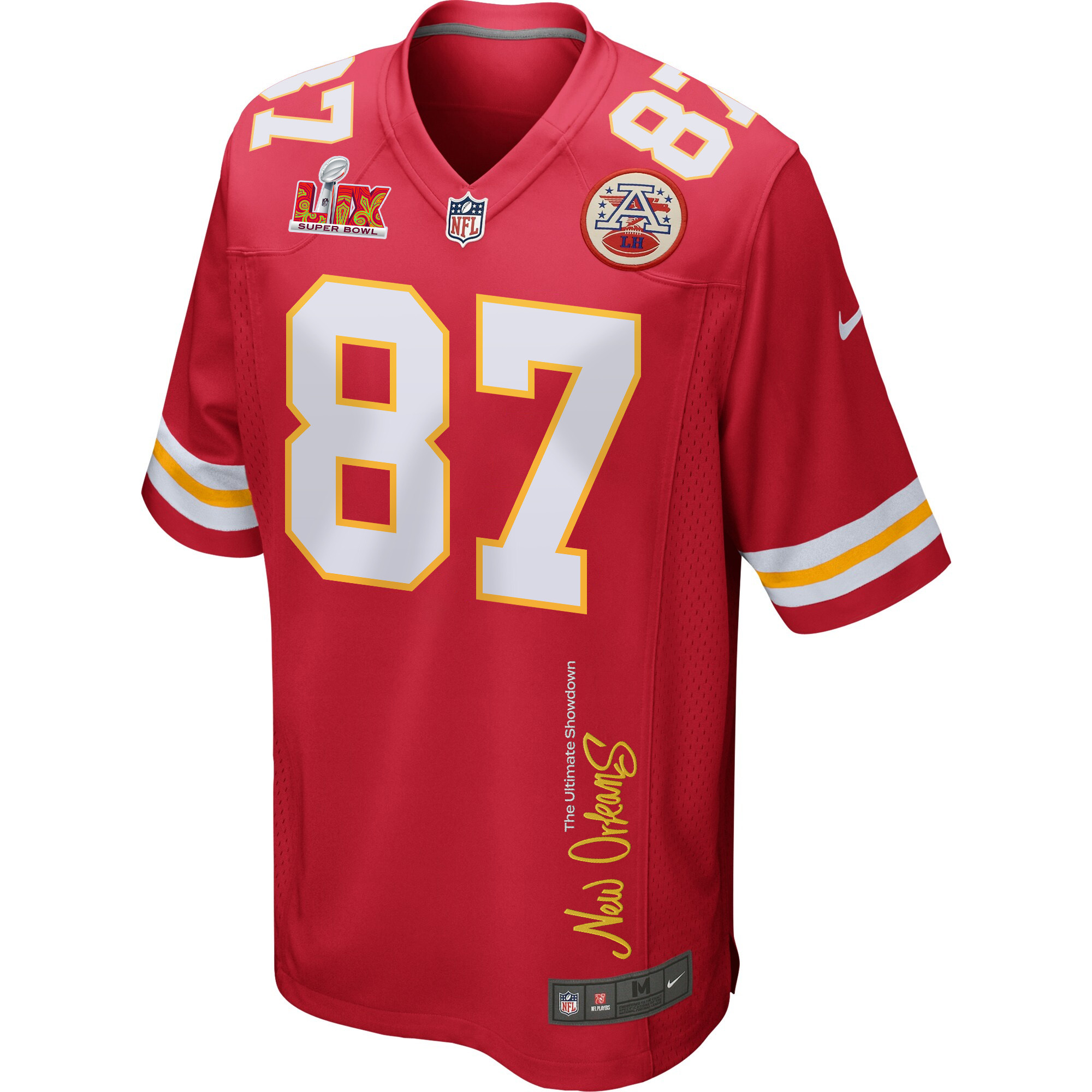 Travis Kelce 87 Kansas City Chiefs Super Bowl LIX New Orleans The Ultimate Showdown' EMBROIDERED Game Red NFL Jersey Men's