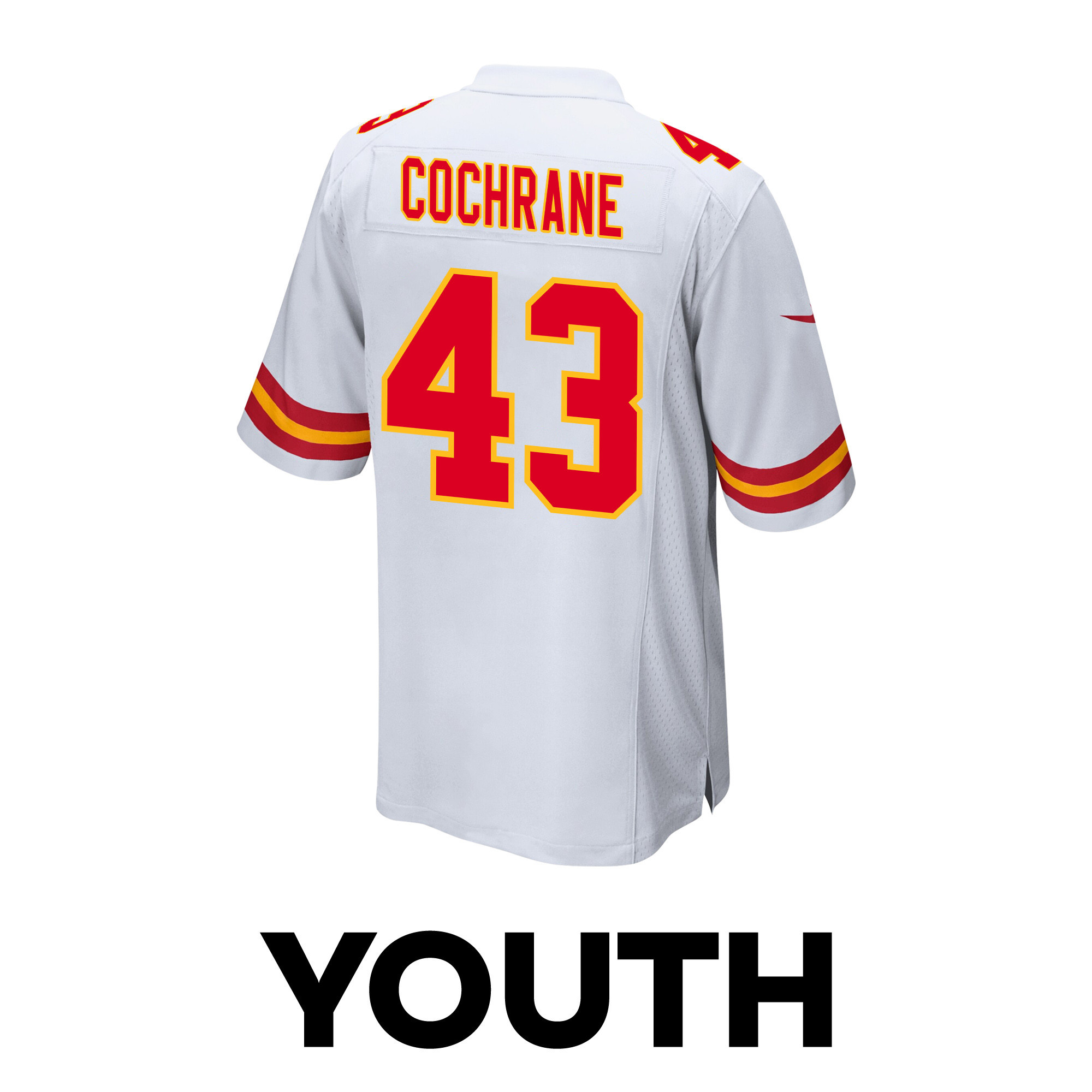 Jack Cochrane 43 Kansas City Chiefs Super Bowl LVIII Champions 4 Stars Patch Game White NFL Jersey Youth