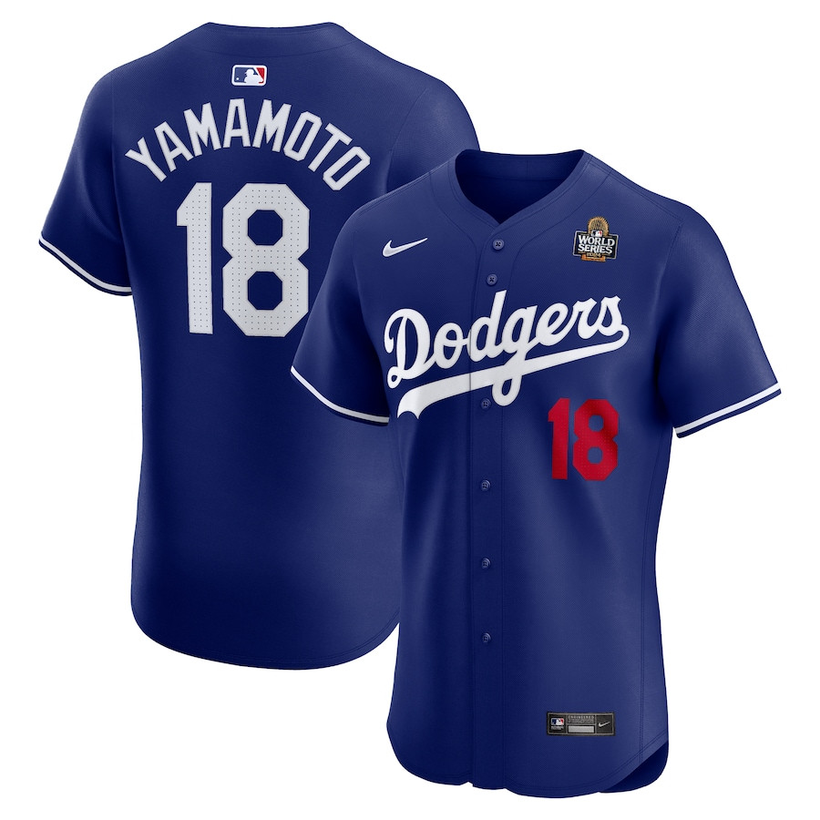 Yoshinobu Yamamoto 18 Los Angeles Dodgers 2024 World Series Alternate Elite Player Royal MLB Jersey Men's