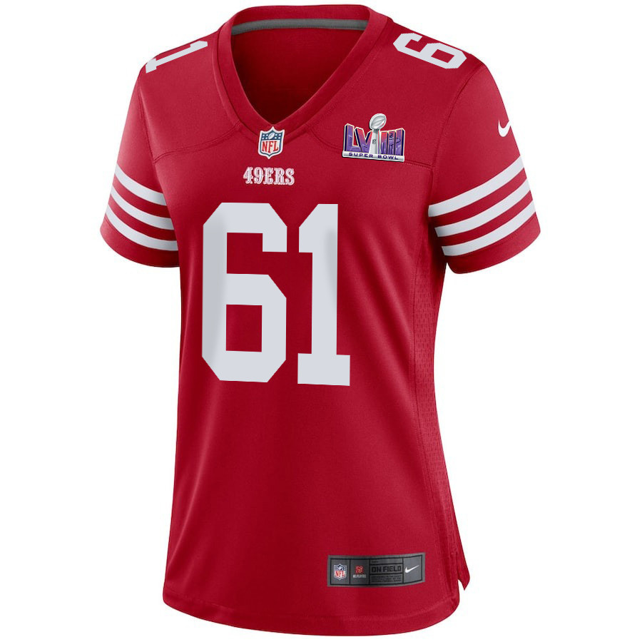 Corey Luciano 61 San Francisco 49ers Super Bowl LVIII Patch Game Scarlet NFL Jersey Women's
