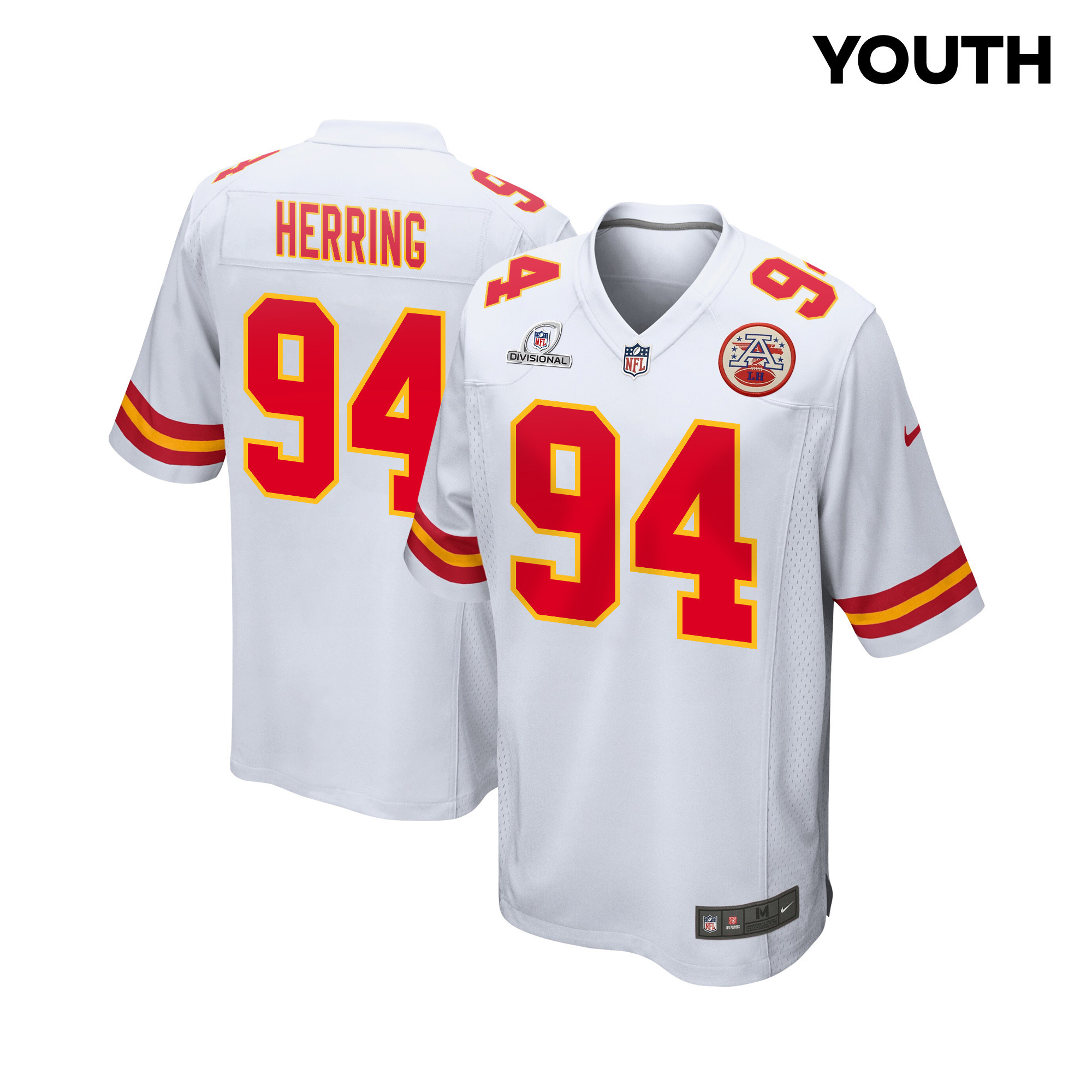 Malik Herring 94 Kansas City Chiefs Super Bowl LVIII Patch Game White NFL Jersey Youth