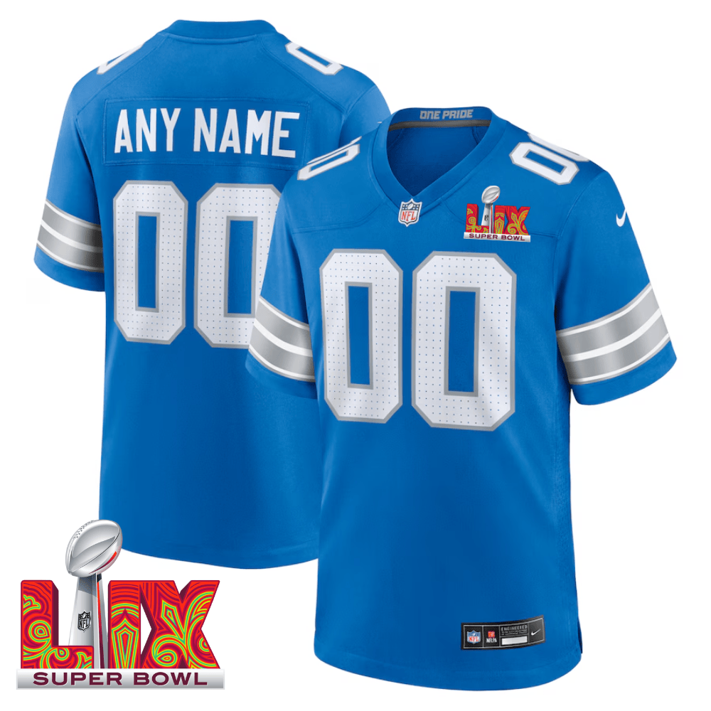 Detroit Lions Super Bowl LIX Patch Game Custom Blue NFL Jersey Men's