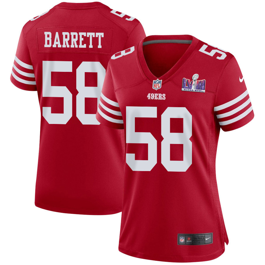 Alex Barrett 58 San Francisco 49ers Super Bowl LVIII Patch Game Scarlet NFL Jersey Women's