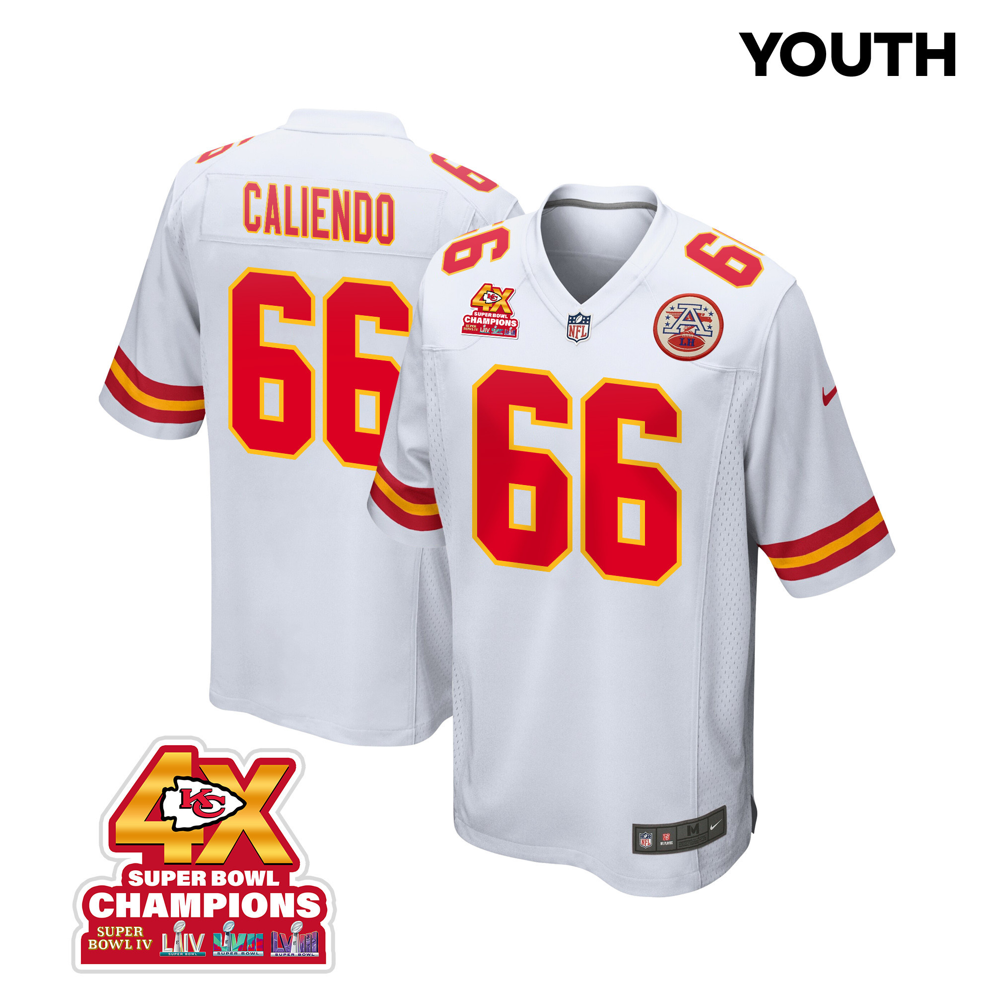 Mike Caliendo 66 Kansas City Chiefs Super Bowl LVIII Champions 4X Game White NFL Jersey Youth