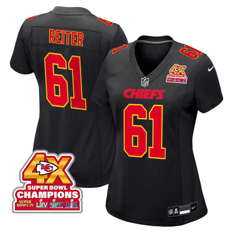 Austin Reiter 61 Kansas City Chiefs Super Bowl LVIII Champions 4X Fashion Game Carbon Black NFL Jersey Women's