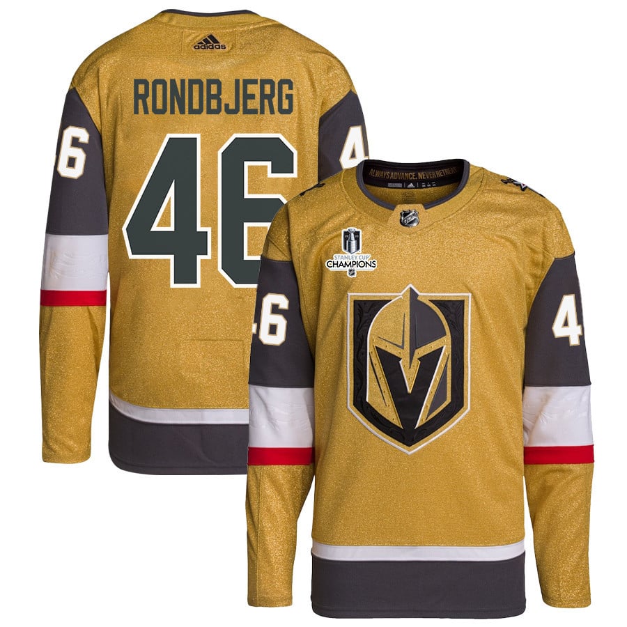Jonas Rondbjerg 46 Vegas Golden Knights Stanley Cup 2023 Champions Patch Home Breakaway Gold NHL Jersey Men's