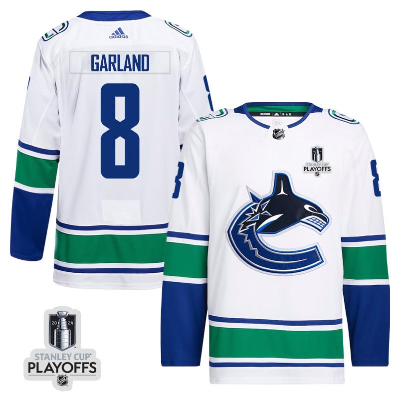 Conor Garland 8 Vancouver Canucks 2024 Playoffs Patch Away White NHL Jersey Men's