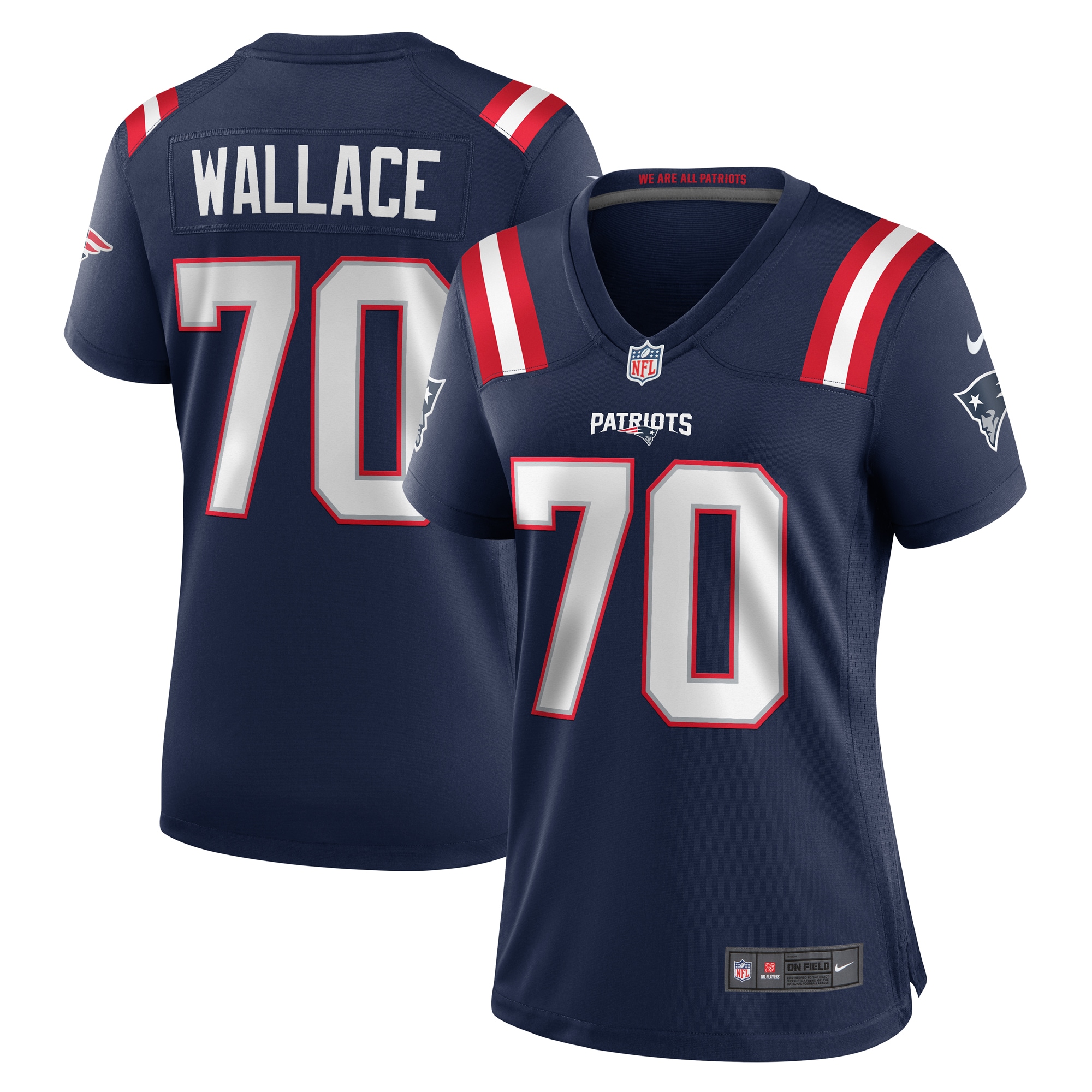New England Patriots Caedan Wallace Navy Game NFL Jersey Women's