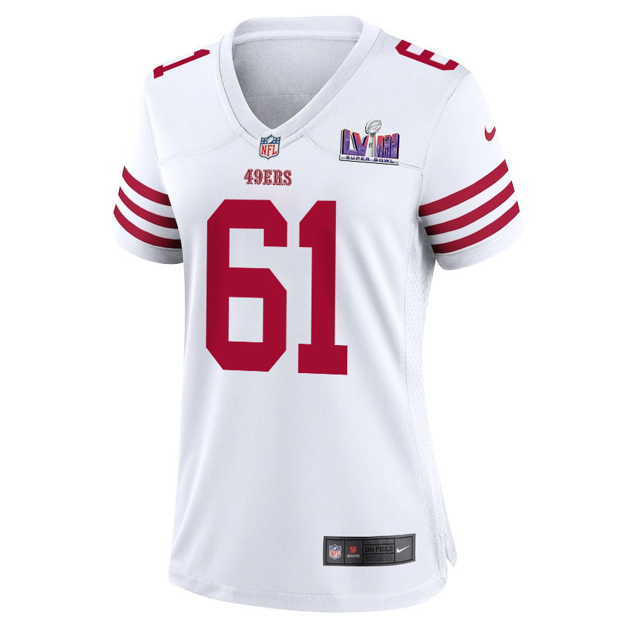 Corey Luciano 61 San Francisco 49ers Super Bowl LVIII Patch Game White NFL Jersey Women's